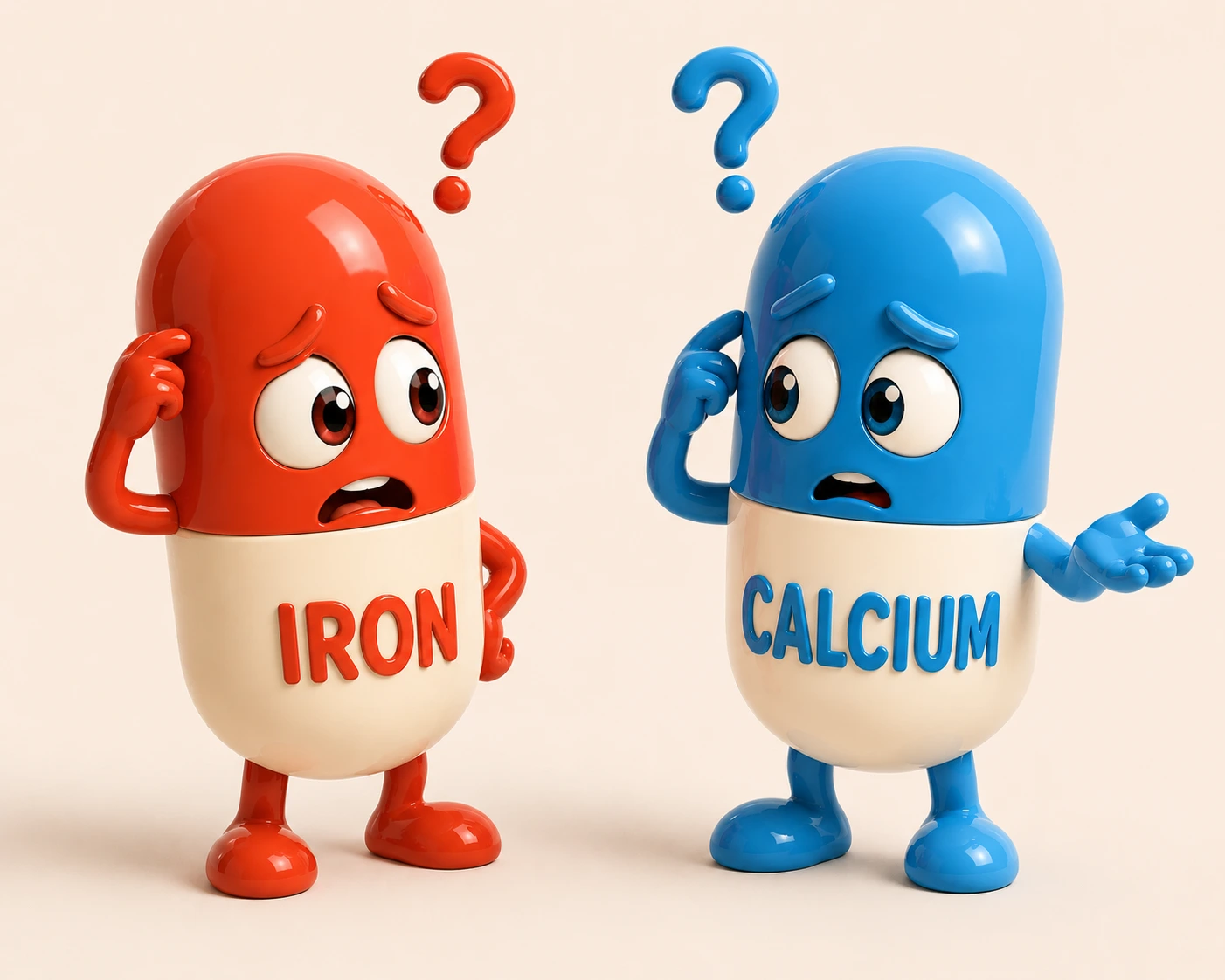 Two supplement mascots looking confused, surrounded by question marks