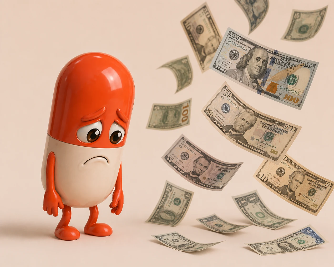 A sad mascot watching money fall to the ground
