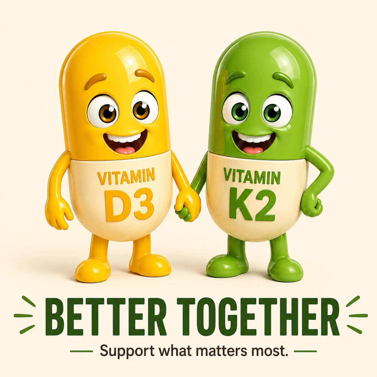 Vitamin D3 and K2 mascots in perfect synergy